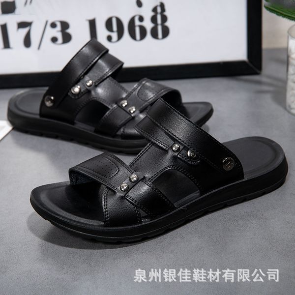

super sandals men's summer slippers fiber leather casual soft soled beach shoes bocken trend a3018 sj9j, Black