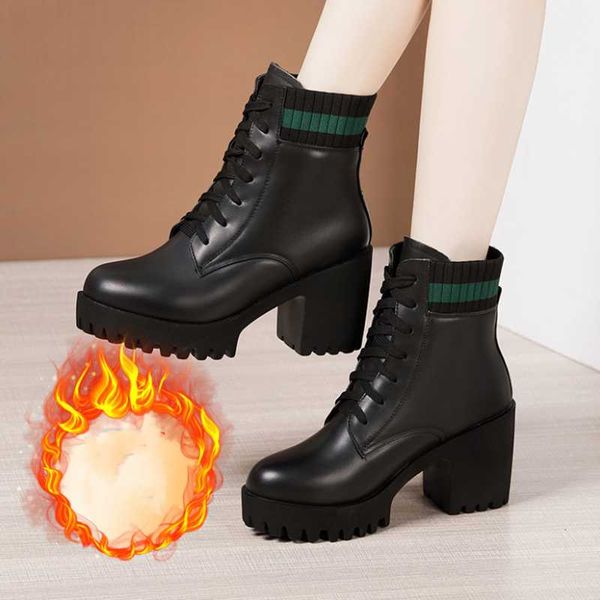 

boots 43high-heeled thick-heeled 2021 women's autumn winter leather cotton platform spring single, Black