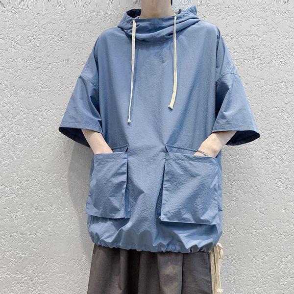 

hoodies summer hooded t-shirt men's fashion casual pocket tshirt men streetwear korean loose hip-hop short-sleeved t shirt mens, Black