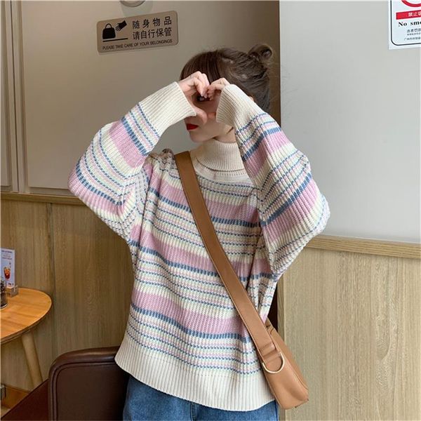 

women's sweaters female korean harajuku casual loose ins striped turtleneck sweater japanese ulzzang vintage clothing for women, White;black