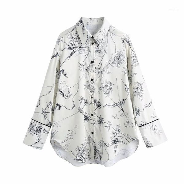 

stylish chic ink style floral printed long blouse women fashion lapel collar buttons shirts female elegant women's blouses &, White
