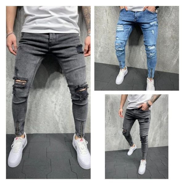

men's jeans 2021 men's solid color denim trousers with holes and feet zipper for men boyfriend, Blue
