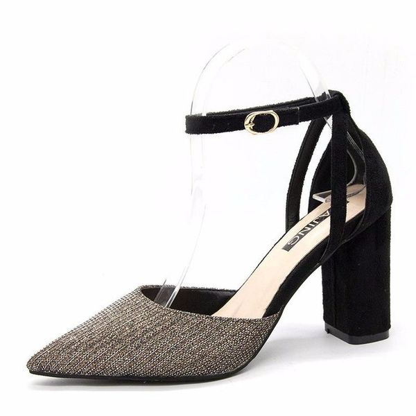 

dress shoes fashion buckle strap bling casual 2021 women woman pumps cover heel pointed toe square high heels ladies, Black