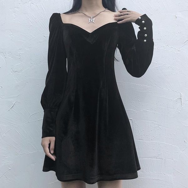 

casual dresses 2021 fashion elegant dress women autumn long puff sleeve solid square collar empire a-line above knee black streetwear, Black;gray