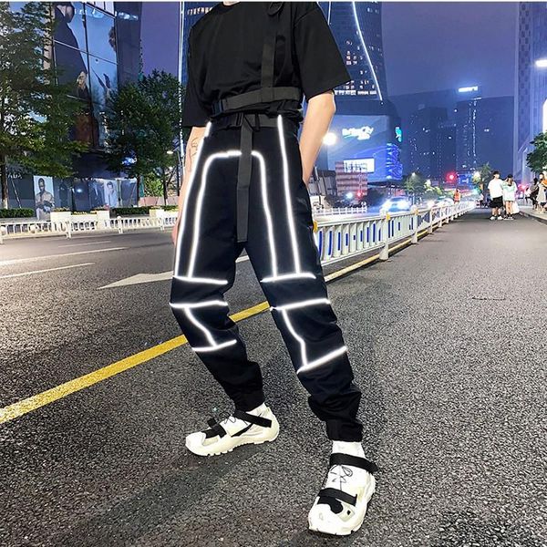 

men's pants fashion men harem reflective elastic high waist with belt ankle banded trousers black white hip hop techwear bottom