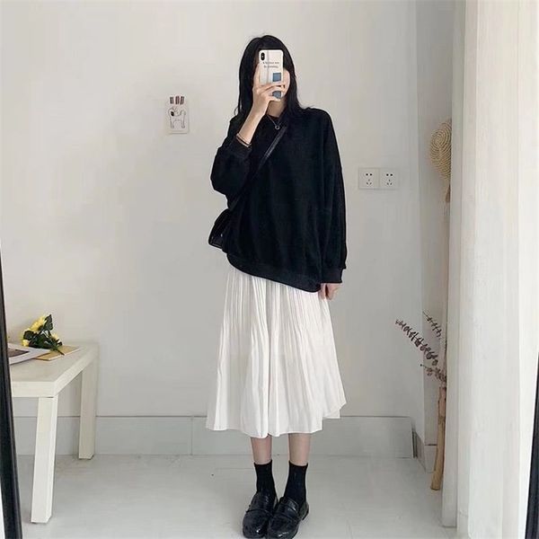 

spring autumn elastic high waist slim simple white casual western style all-match women a-line long skirt 210527, Black
