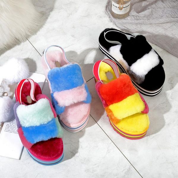 

slippers 2021 women fur sandale fluffy soft furryy thick flats heel non slip slidess house shoes ladies indoor footwear, Black