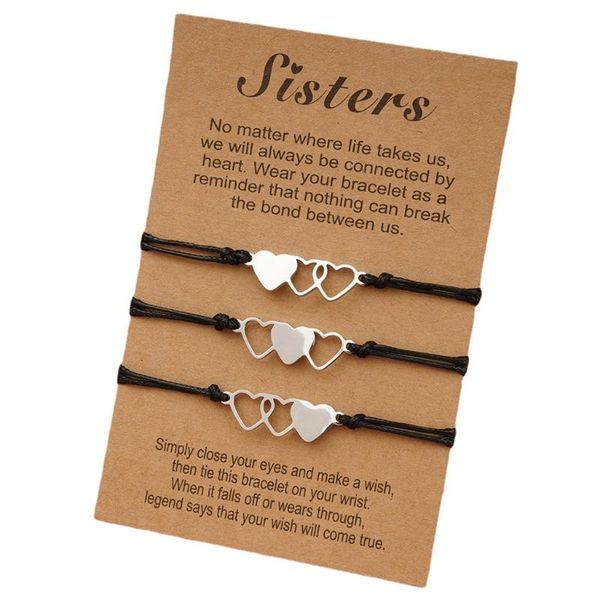 

charm bracelets 3 pcs matching heart sister card bracelet stainless steel handmade braided friendship jewelry gifts for girls wom, Golden;silver