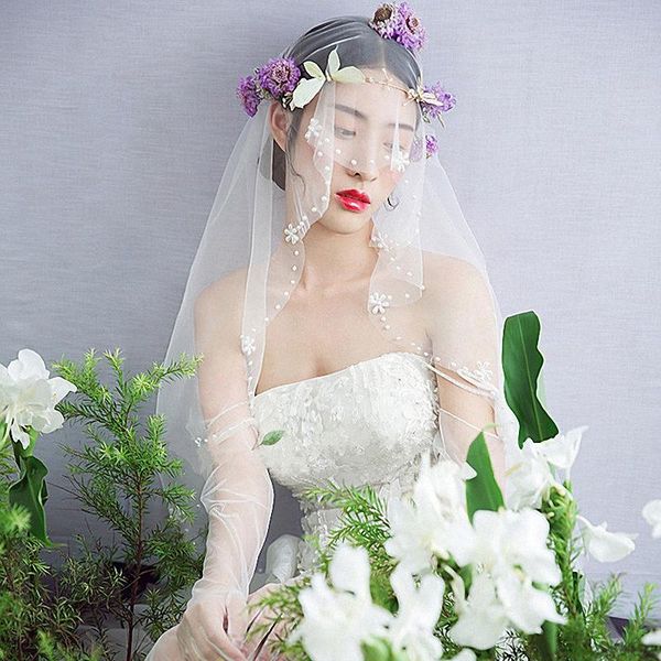 

bridal veils bride wedding veil simulated pearl korean fashion short white tulle cut edge pography women vail handmade, Black