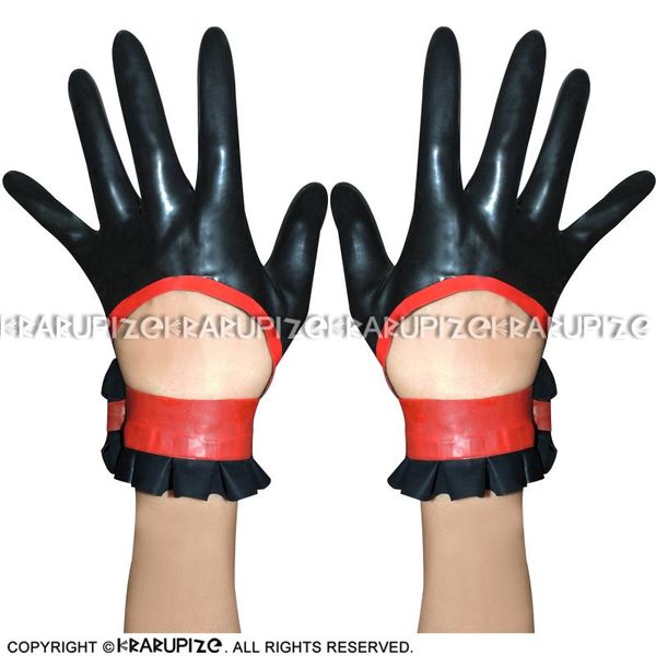 Partymasken Schwarze und rote Schleifenbesätze Sexy kurze Latexhandschuhe mit Rüschenlöchern Gummihandschuhe ST-0039