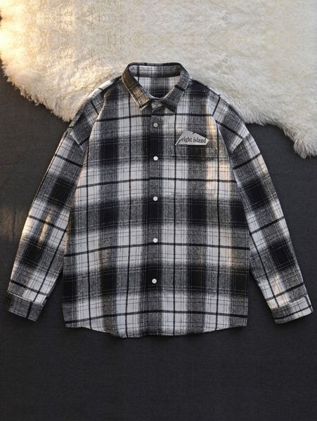 

men plaid & letter graphic patched pocket shirt v5ye#, White;black