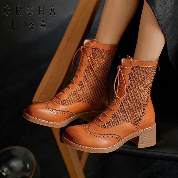

cool boots genuine leather mesh frenulum female spring round toe 5.5cm square high heel women brown white a4044, Black