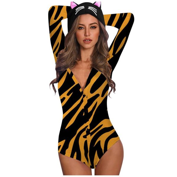 

#a06 backless bodysuit women leopard print long sleeve body suit with cute ears woman jumpsuit bodies mujer women's jumpsuits & rompers, Black;white