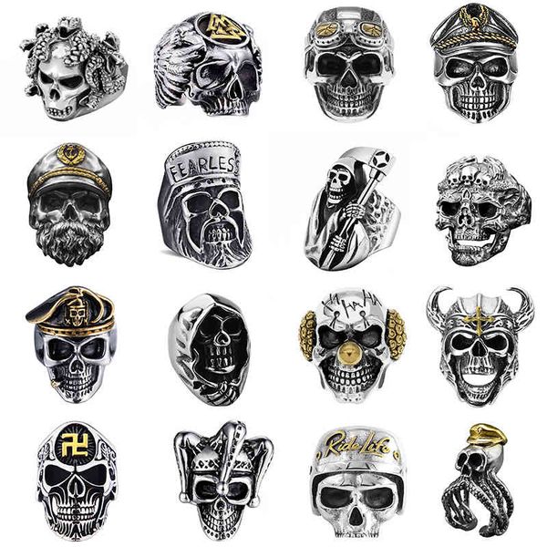 

designer rings gothic punk ring for men retro skeleton devil male skull adjustable exaggeration death officer snake captain, Golden;silver