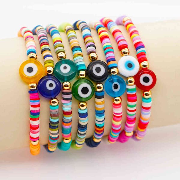 10 pcs, pulseira turca femme braceletes de olho grego para mulheres coloridas polímero argila disco pérolas pulseras boho bijoux jóias