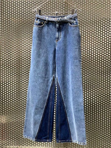 

ladies fashion loose belt stitching leg denim straight pants 0115 women's jeans, Blue