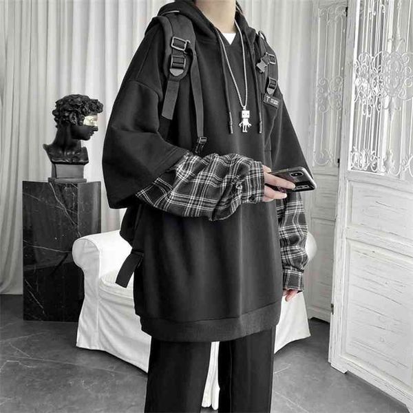 

deeptown vintage hoodie women streetwear oversized sweatshirt punk long sleeve pullovers korean grunge plaid splice hoody 210910, Black
