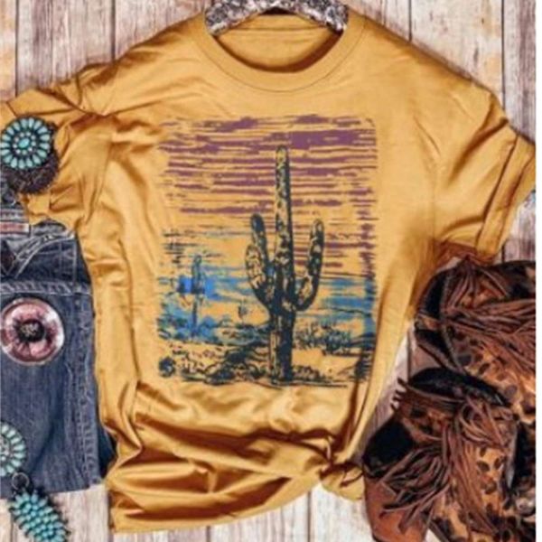 

women's t-shirt round neck shirt cactus sunset print short sleeve lbdg, White