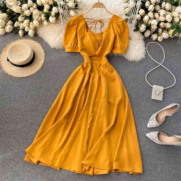 

women fashion retro square collar short-sleeve high waist thin solid color a-line dress summer clothes vestido de mujer r863 210527, Black;gray
