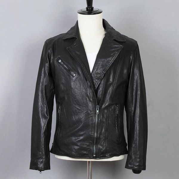 

men's leather & faux fashion genuine jacket men slim fit short black sheepskin real coat lapel motorcycle biker clothing