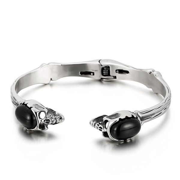 

bangle 316l stainless steel skull cuff men with black gemstone