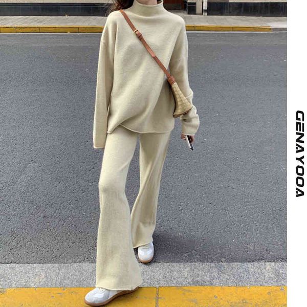 

genayooa knitted tracksuit women's suit spring winter 2 women pullover turtleneck sweater two piece set korean 210417, White