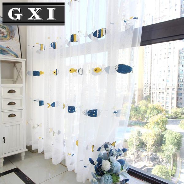

cartoon embroidered fish printed white curtains for children boys bedroom balcony bay window sheer drapes curtain &