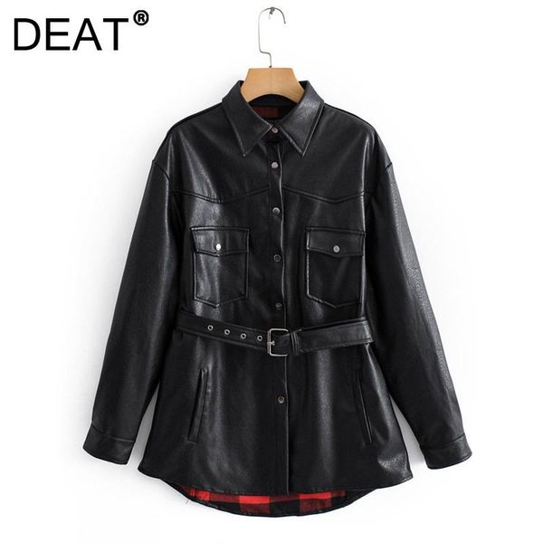 

women's leather & faux [deat] 2021 autumn winter fashion tide long sleeve turn-down collar solid color sashes loose pu jacket women, Black