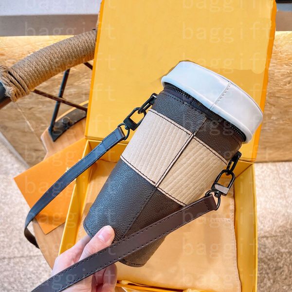 

coffee cup pouch designer water cup shoulder bags lady luxurys cross body leather purse clutch women men handbags brown flowers white cover