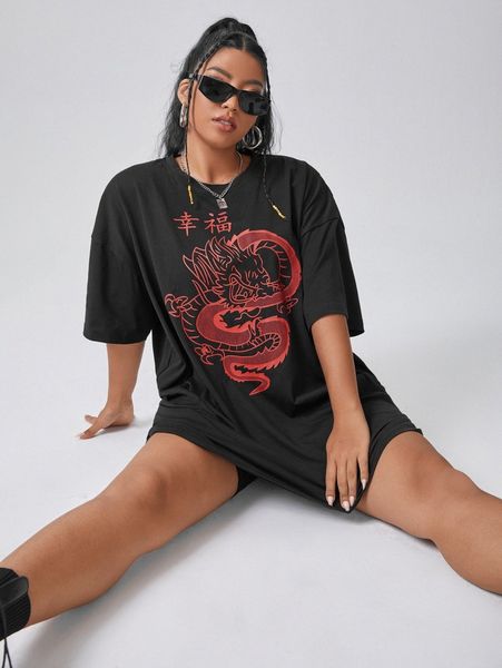 

plus drop shoulder chinese letter & dragon print tee s3nf#, Black