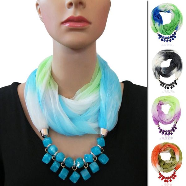 

scarves women jewelry pendants gradient silk scarf beading necklace lady shawls and wraps bandana female foulard muslim head scarve, Blue;gray