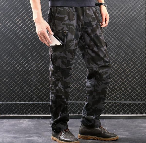 

men's pants camouflage cargo spring autumn cotton casual loose pocket baggy trousers men overall straight mens bottoms xxxl, Black