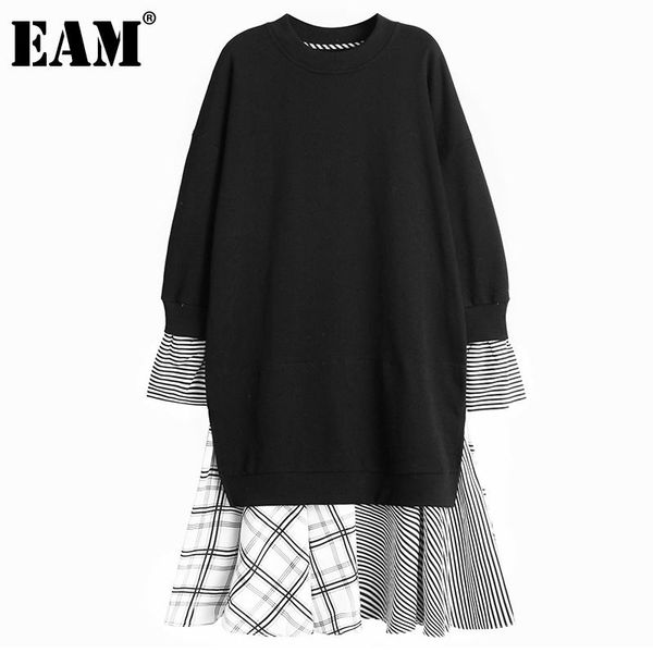 

[eam] women big size irregular spliced plaid dress round neck long sleeve loose fit fashion tide spring autumn 2021 1dd2784 casual dresses, Black;gray