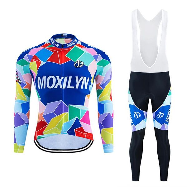 

racing sets moxilyn men cycling clothing set winter long sleeve jacket bike jersey kit plus velvet riding clothes pants with 9d pad ct015, Black;blue