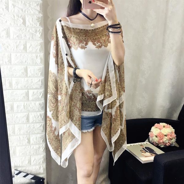 

summer covers women shawl bat sleeve chiffon shirt print blouse female sweet blouses loose cardigan beach cloak blusas women's & sh, White