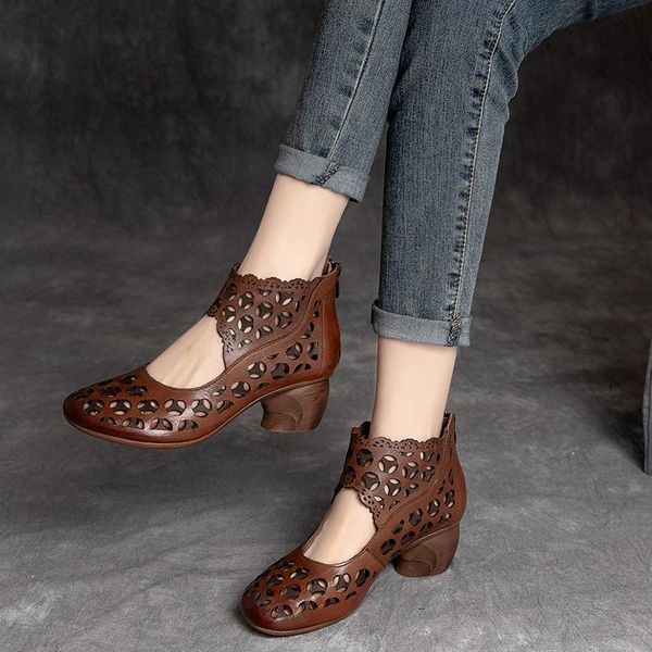 

boots women leather sandals 5 cm high heels round toe 2021 summer shoes femal ankle flower handmade genuine, Black