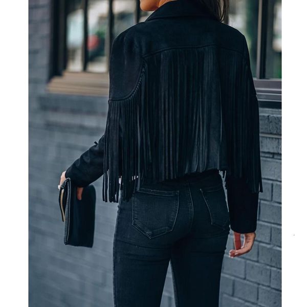 

women's jackets lugentolo fringed bomber jacket women spring fashion long sleeve turn-down collar open stitch slim seg3, Black;brown