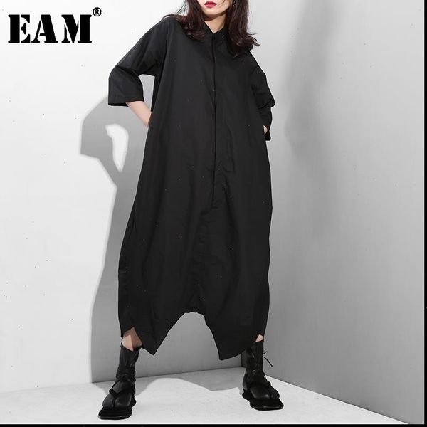 

[eam] spring autumn womens rompers high waist stand collar pocket stitch loose wide leg pants women jumpsuit fashion tide ya116, Black;white
