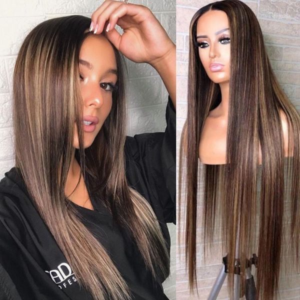

remy 20inch straight preplucked brown ombre highlight blonde 360 lace front wig for women with baby hair human can permed wigs1, Black;brown
