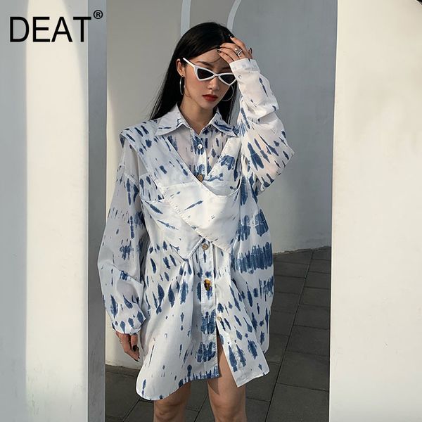 

deat women lake blue big size tie dye all-match blouse new lapel long sleeve loose shirt fashion tide spring autumn gx397 210428, White