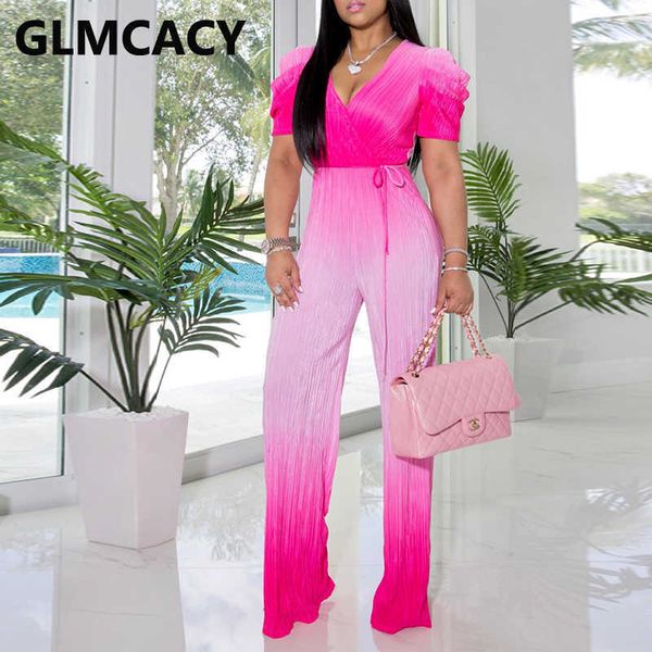 

women short sleeve v neck wrap jumpsuit ombre color wide leg pants jumpsuits 210702, Black;white