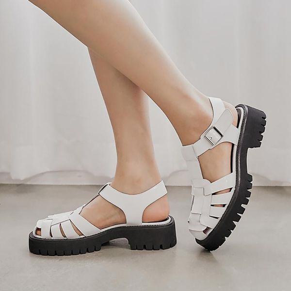 

sandals platform wedges real leather mid heel shoes t-strap round toe female footwear buckle summer black