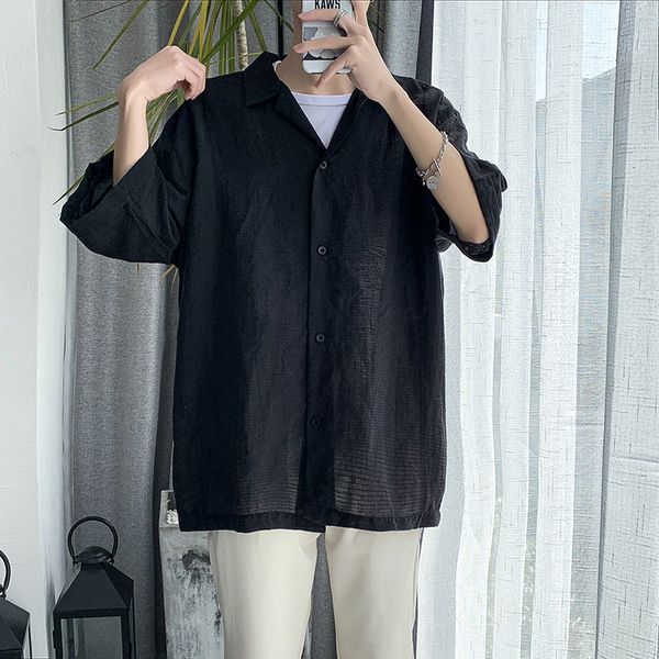 

men's casual shirts summer half-sleeved large size five-point sleeve thin jacket mid-sleeved simple sunscreen hb20 vqa6, White;black