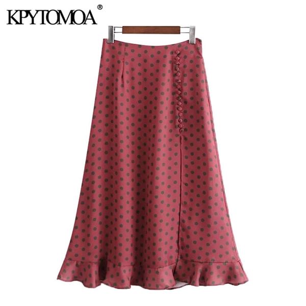 

women chic fashion with buttons polka dot ruffle midi skirt vintage high waist back zipper female skirts mujer 210420, Black