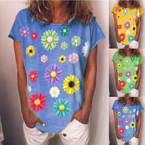 

summer women's flower print t-shirt loose round neck casual short-sleeved clothing, White