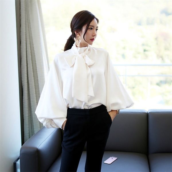 

arrival korea fashion spring autumn women lantern sleeve loose shirts lacing bow sweet ol blouse female blusas mujer s412 210512, White