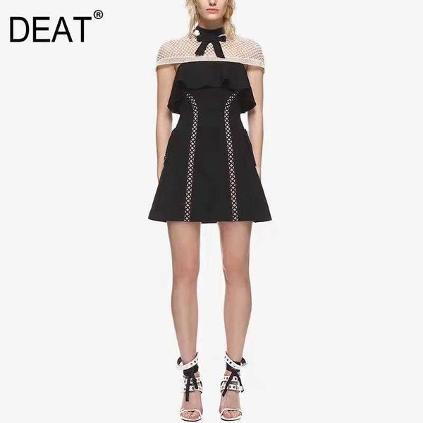 

[deat] summer fashion stand-up collar high waist lace sleeveless splicing a-line elegant dress women 13d017 210527, Black;gray