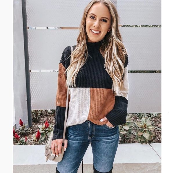 

women's sweaters autumn and winter color matching stitching long-sleeved sweater women's ewa8, White;black