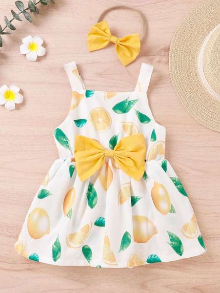 

baby lemon print bow front dress with headband she, Red;yellow