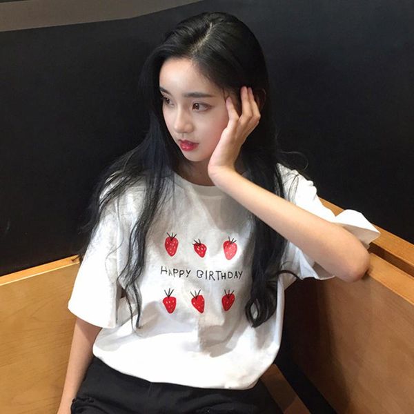 

women's t-shirt harajuku women 2021 korean cute strawberry letter printing t-shirts student loose round collar female, White